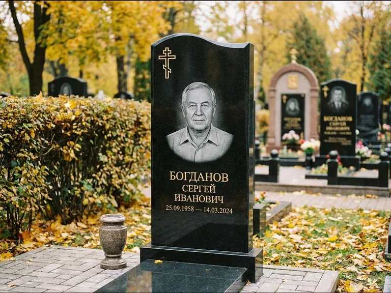 Памятник из чёрного гранита — стела с цветником с процветшим крестом с виноградной лозой, работа «Журавлёв» в Воронеже