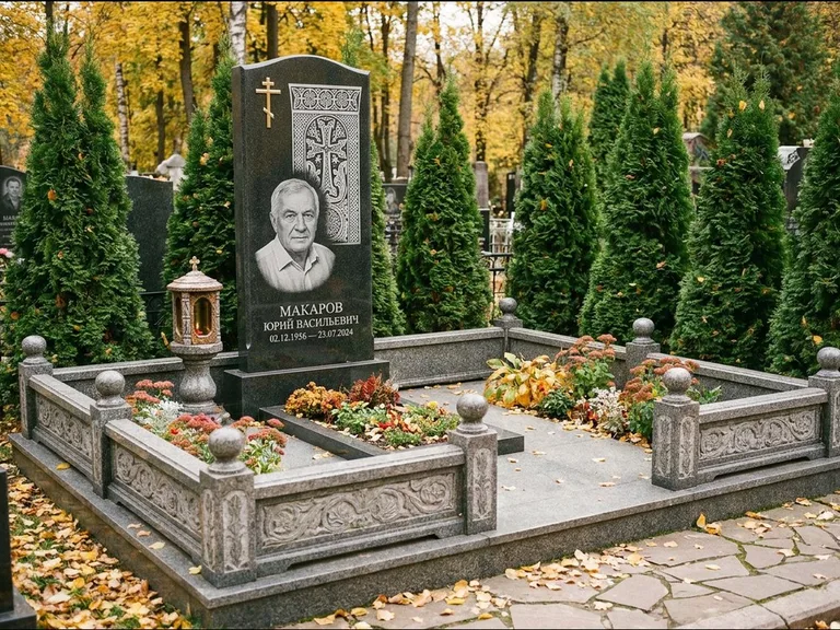 Памятник из чёрного гранита — стела с крестом и лампадой с армянским хачкаром, работа «Гущин» в Воронеже
