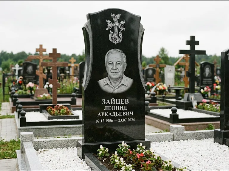 Памятник из чёрного гранита — семейная стела на двоих с армянским хачкаром, работа «Журавлёв» в Воронеже