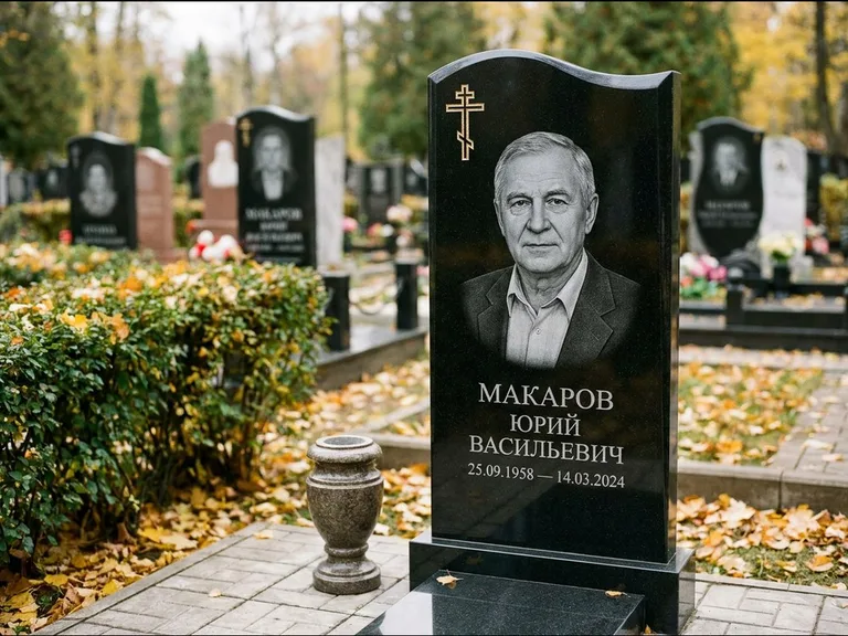 Памятник из чёрного гранита — фигурная стела с киот-нишей с процветшим крестом с виноградной лозой, работа «Богданов» в Воронеже