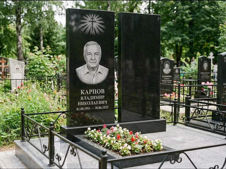 Памятник из чёрного гранита — ступенчатая стела с золочёным крестом, работа «Панкратов» в Воронеже