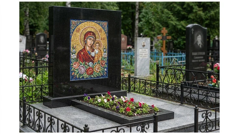 Мозаика на памятник в Воронеже — цветное панно из смальты на чёрной гранитной стеле
