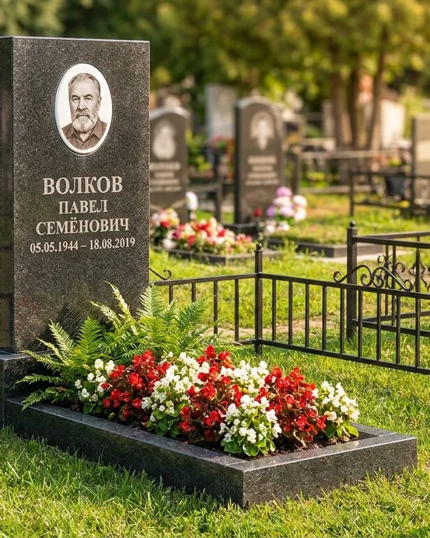 Тёмно-серый памятник под ключ с художественной гравировкой в Воронеже
