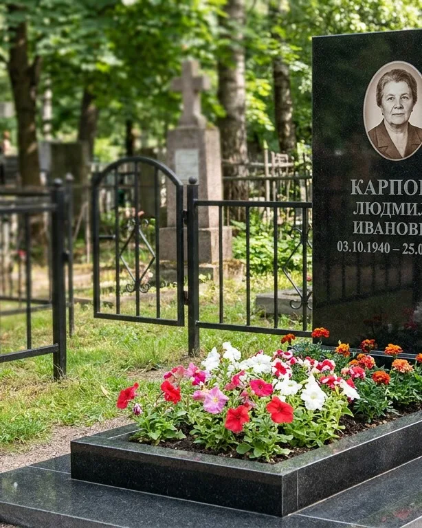 Памятник под ключ с низкой оградой и цветником в Воронеже