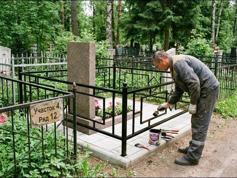 Покраска оградки на кладбище в Воронеже — мастер красит металлическую ограду на могиле чёрной эмалью