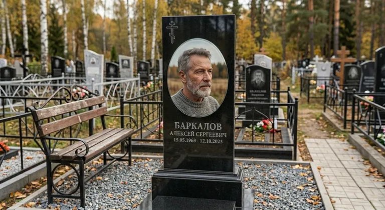 Овальный портрет на стекле на чёрной гранитной стеле в Воронеже