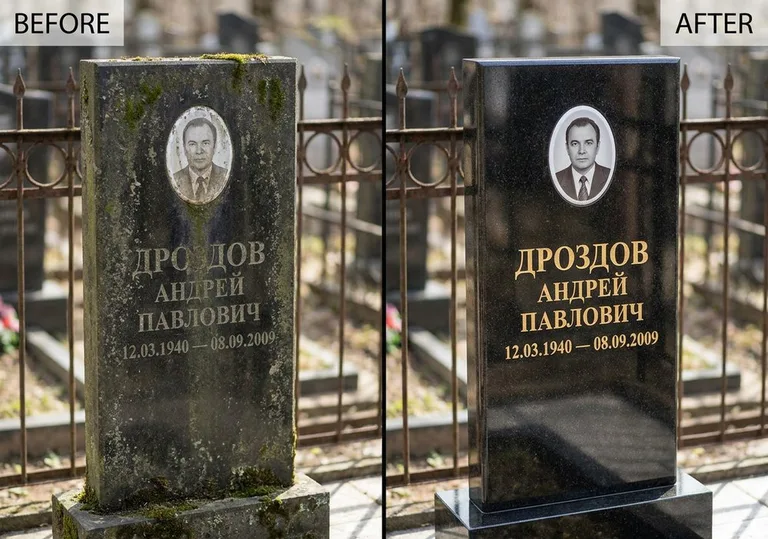 Чистка и полировка гранитного памятника: до и после в Воронеже