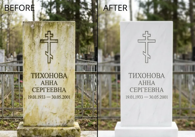 Восстановление мраморного надгробия от желтизны: до и после в Воронеже