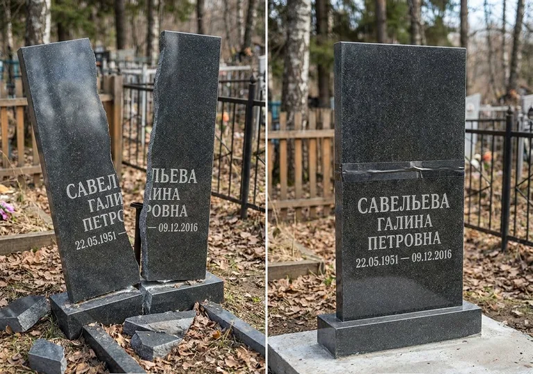 Склейка расколотого гранитного памятника: до и после в Воронеже