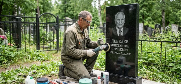 Реставрация памятника в Воронеже — восстановление гранита, заделка трещин и обновление надписей на кладбище