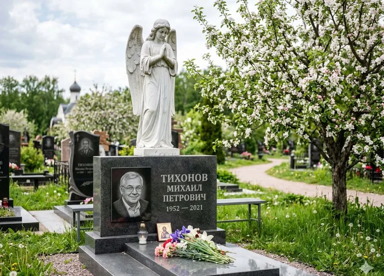 Мраморный молящийся ангел на гранитном памятнике весной в Воронеже