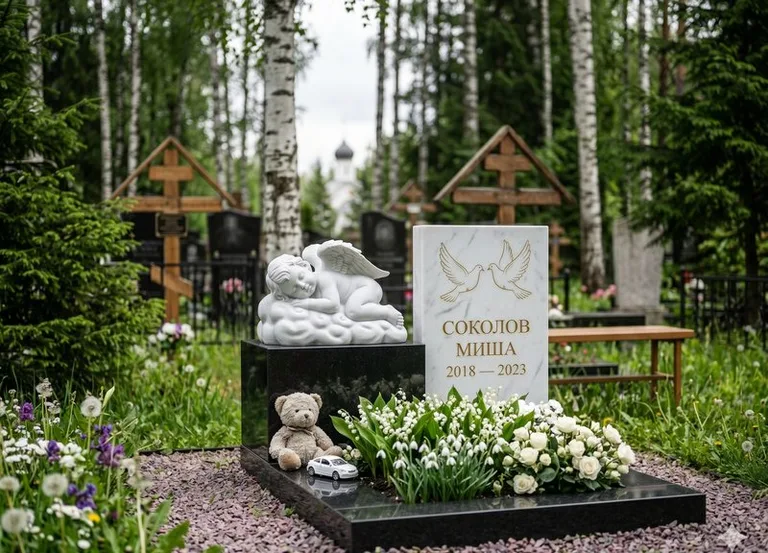 Белый ангелочек на детском памятнике в Воронеже