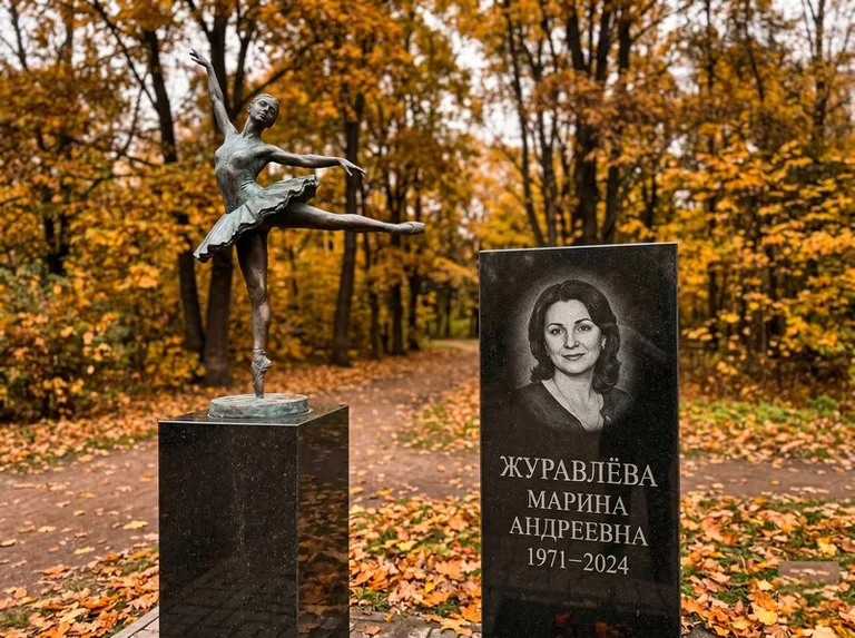 Бронзовая балерина на постаменте рядом со стелой осенью в Воронеже