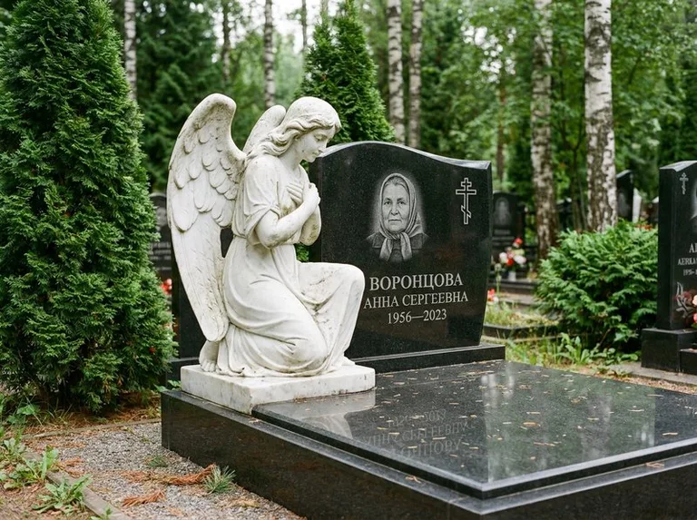 Белый мраморный ангел на гранитном памятнике в Воронеже