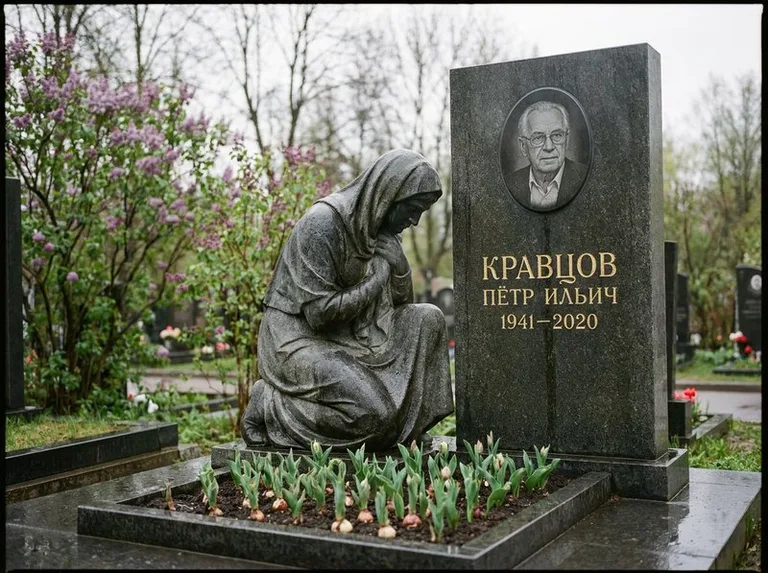Гранитная скорбящая фигура у стелы на кладбище в Воронеже