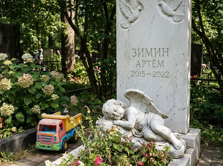 Спящий ангелочек на детском памятнике в Воронеже