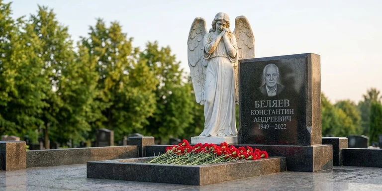 Скульптура на памятник в Воронеже — мраморный ангел на гранитном мемориале