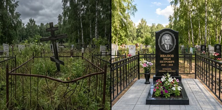 Благоустройство могилы до и после установки памятника в Воронеже