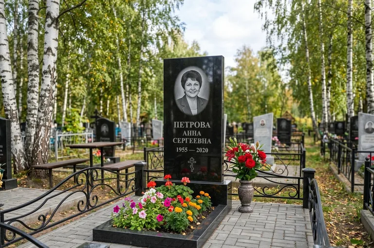 Гранитный памятник с цветником и плиткой в Воронеже