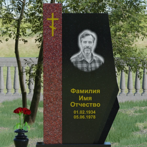 Гранитный вертикальный памятник с крестом и комплексом в Барнауле, гранит Габбро-диабаз