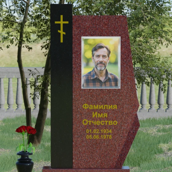 Гранитный вертикальный памятник с крестом и комплексом в Барнауле, гранит Лезниковский