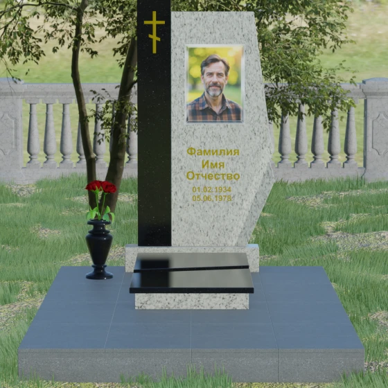 Гранитный вертикальный памятник с крестом и комплексом в Барнауле, гранит Мансуровский, вид 2