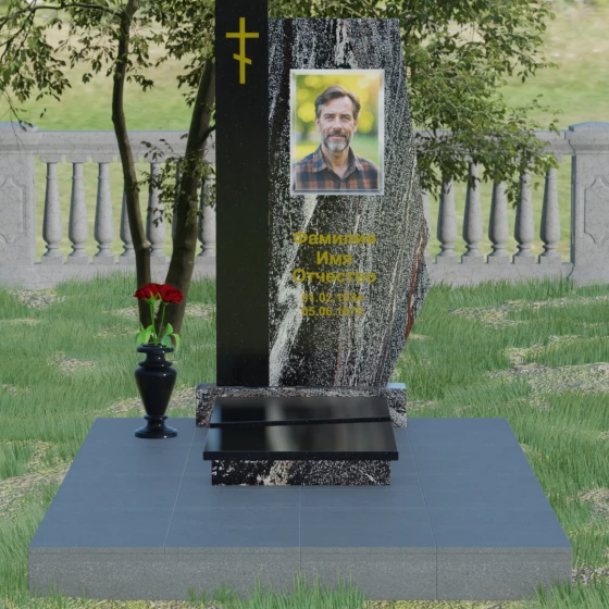 Гранитный вертикальный памятник с крестом и комплексом в Барнауле, гранит амфиболит, вид 2
