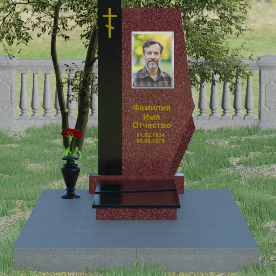 Гранитный вертикальный памятник с крестом и комплексом в Барнауле, гранит Лезниковский, вид 2