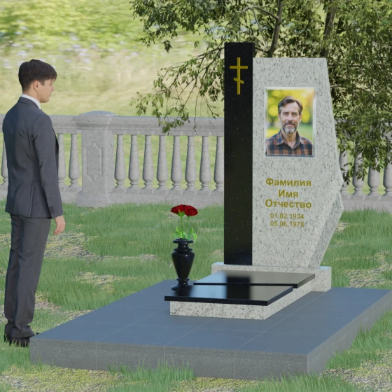 Гранитный вертикальный памятник с крестом и комплексом в Барнауле, гранит Мансуровский, вид 3