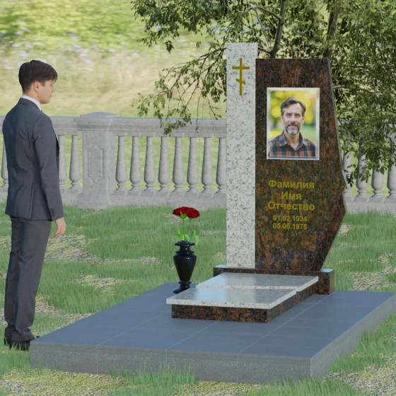 Гранитный вертикальный памятник с крестом и комплексом в Барнауле, гранит Дымовский, вид 3