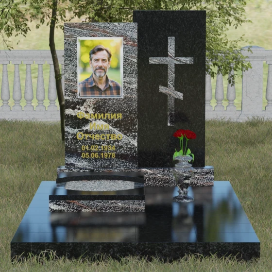 Гранитный монумент с православным крестом, гранит амфиболит, вид 2