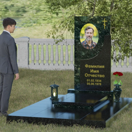 Вертикальный гранитный памятник с крестом в Челябинске, гранит Балтик грин, вид 4