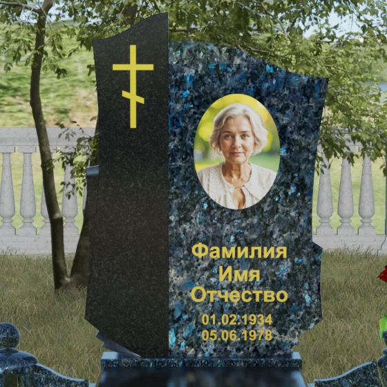 Комбинированный православный памятник с крестом в Салехарде, гранит Блю Перл