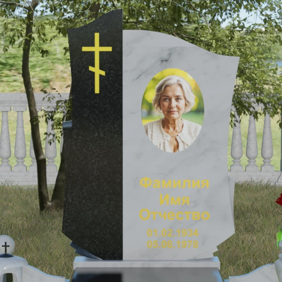 Комбинированный православный памятник с крестом в Салехарде, мрамор Тассос