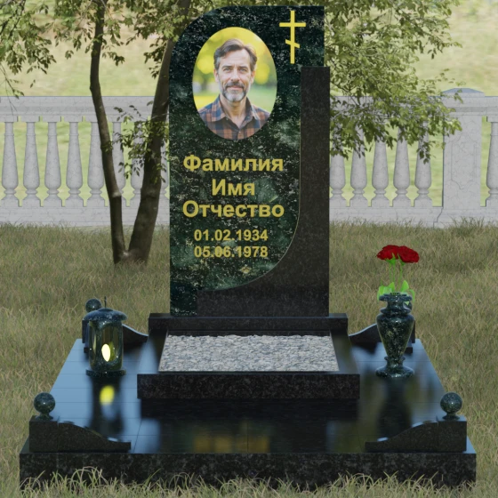 Гранитный памятник с крестом для одного в Новокузнецке, гранит Балтик грин, вид 2