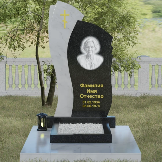 Комбинированный памятник с крестом в Воронеже, гранит Габбро-диабаз, вид 2