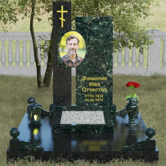 Православный комбинированный памятник с крестом в Ульяновске, гранит Балтик грин, вид 2