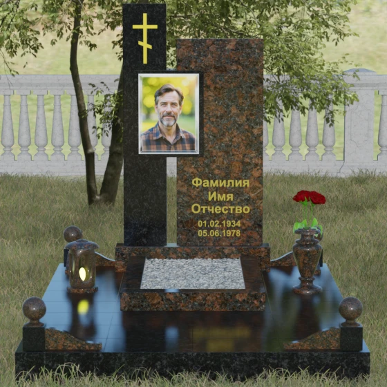 Православный комбинированный памятник с крестом в Ульяновске, гранит Дымовский, вид 2