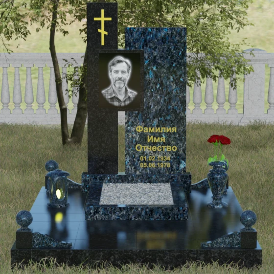 Православный комбинированный памятник с крестом в Ульяновске, гранит Блю Перл, вид 2