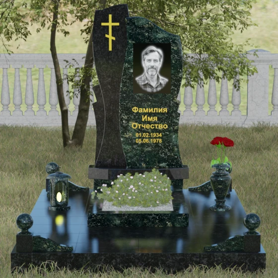 Вертикальная стела с волной и крестом, гранит Балтик грин, вид 2