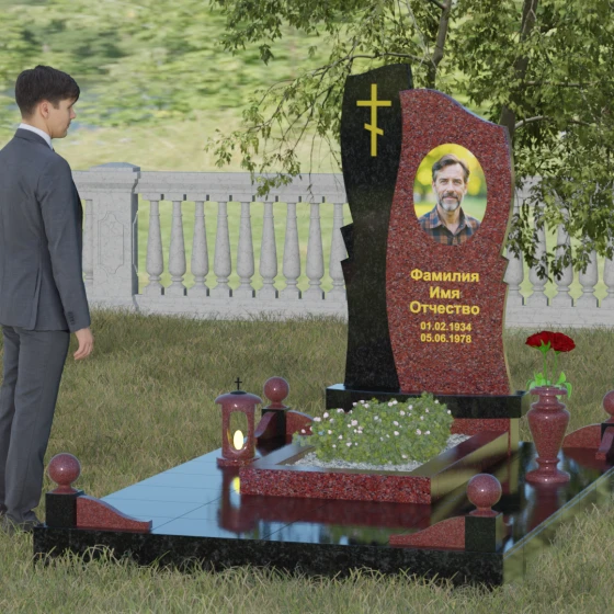 Вертикальная стела с волной и крестом, гранит Лезниковский, вид 4