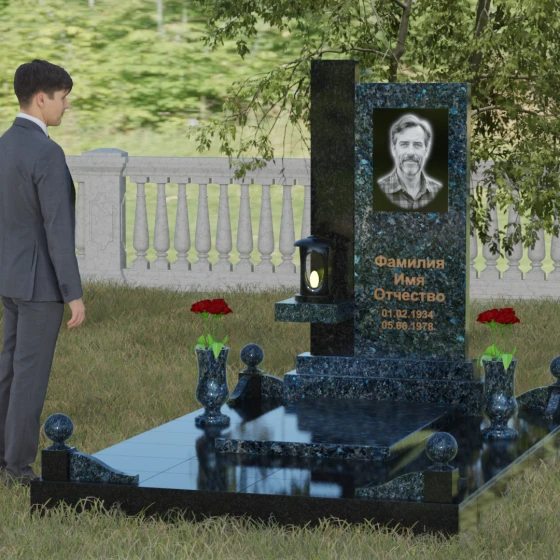 Светский комбинированный вертикальный памятник в Салехарде, гранит Блю Перл, вид 4