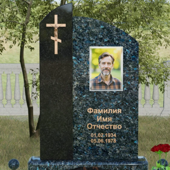 Памятник — волна с объемным крестом, гранит Блю Перл, в Якутске