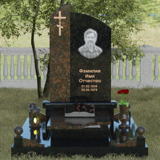 Памятник — волна с объемным крестом, гранит Габбро-диабаз, вид 2, в Якутске