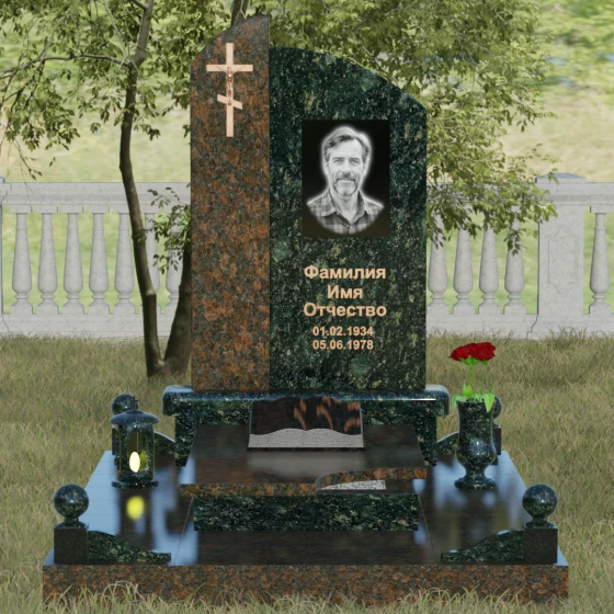 Памятник — волна с объемным крестом, гранит Балтик грин, вид 2, в Якутске