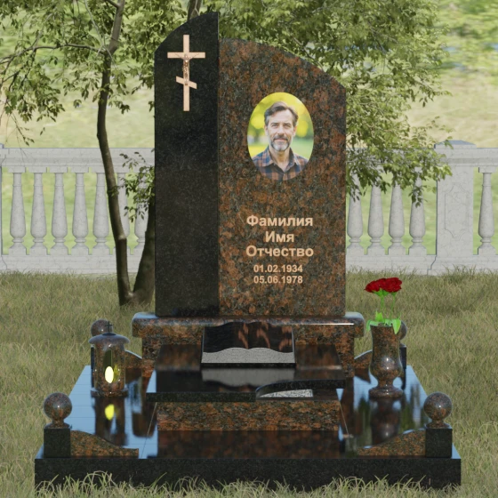 Памятник — волна с объемным крестом, гранит Дымовский, вид 2, в Якутске