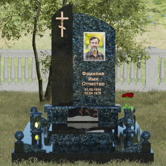 Памятник — волна с объемным крестом, гранит Блю Перл, вид 2, в Якутске