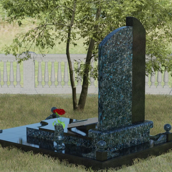 Памятник — волна с объемным крестом, гранит Блю Перл, вид 3, в Якутске