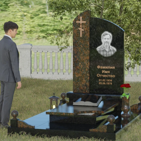 Памятник — волна с объемным крестом, гранит Габбро-диабаз, вид 4, в Якутске