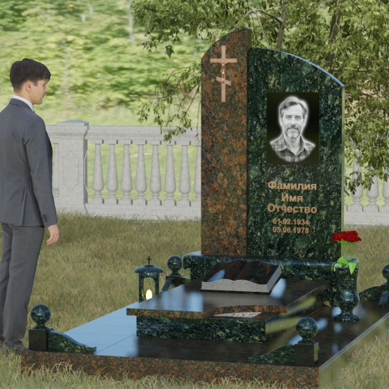 Памятник — волна с объемным крестом, гранит Балтик грин, вид 4, в Якутске